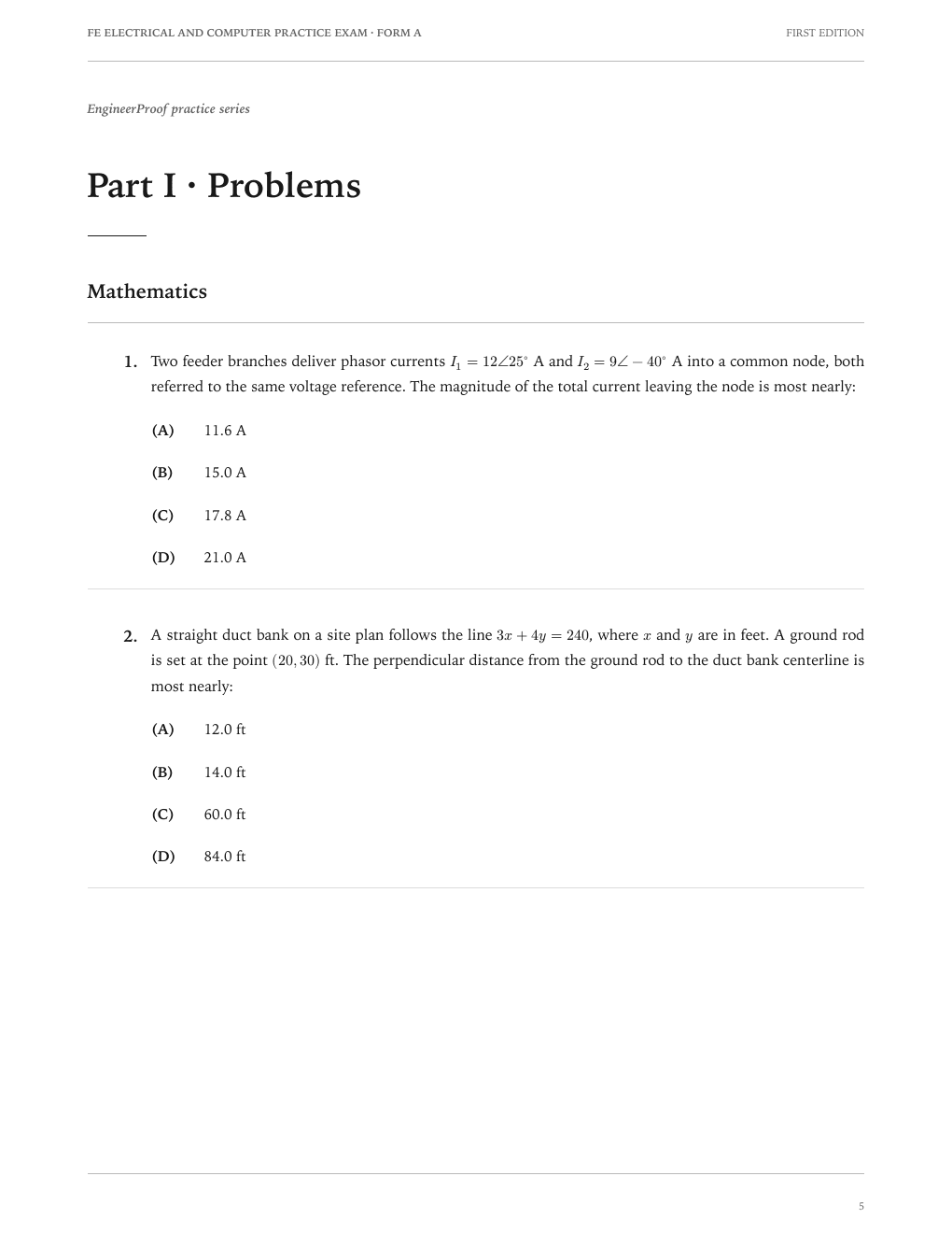 FE Electrical and Computer Form A: A question page from the current release