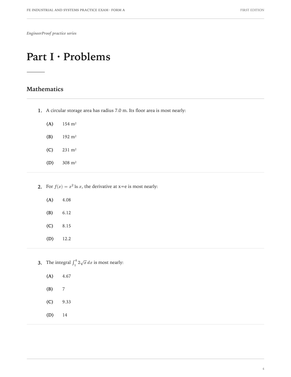 FE Industrial and Systems Form A: A question page from the current release