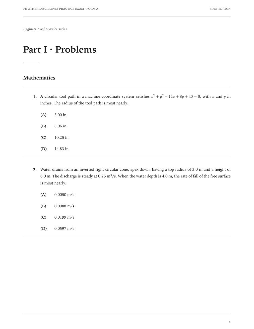 FE Other Disciplines Form A: A question page from the current release